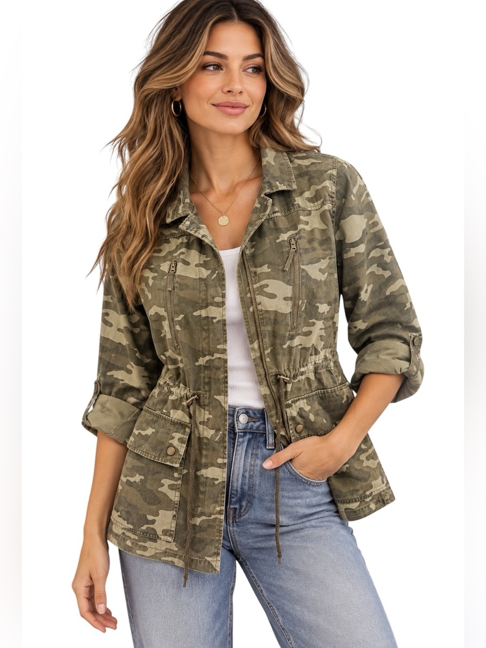 ARIZONA JEAN CO. Camo Utility Field Jacket Green Cotton Size Large